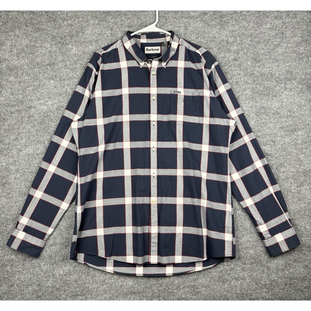 Barbour Collins Shirt Mens Large Navy Plaid Tailored Fit Cotton Button Down